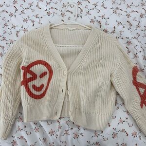 Wynken girls Cream Cardigan with Red Smiley Design runs big could fit size 2-4